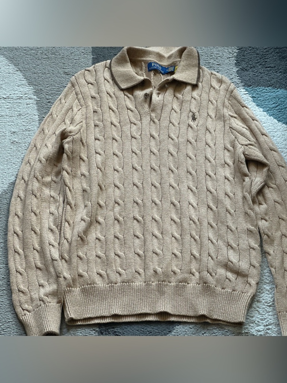 Ralph Lauren Beige Cable-Knit Polo Crewneck Sweater